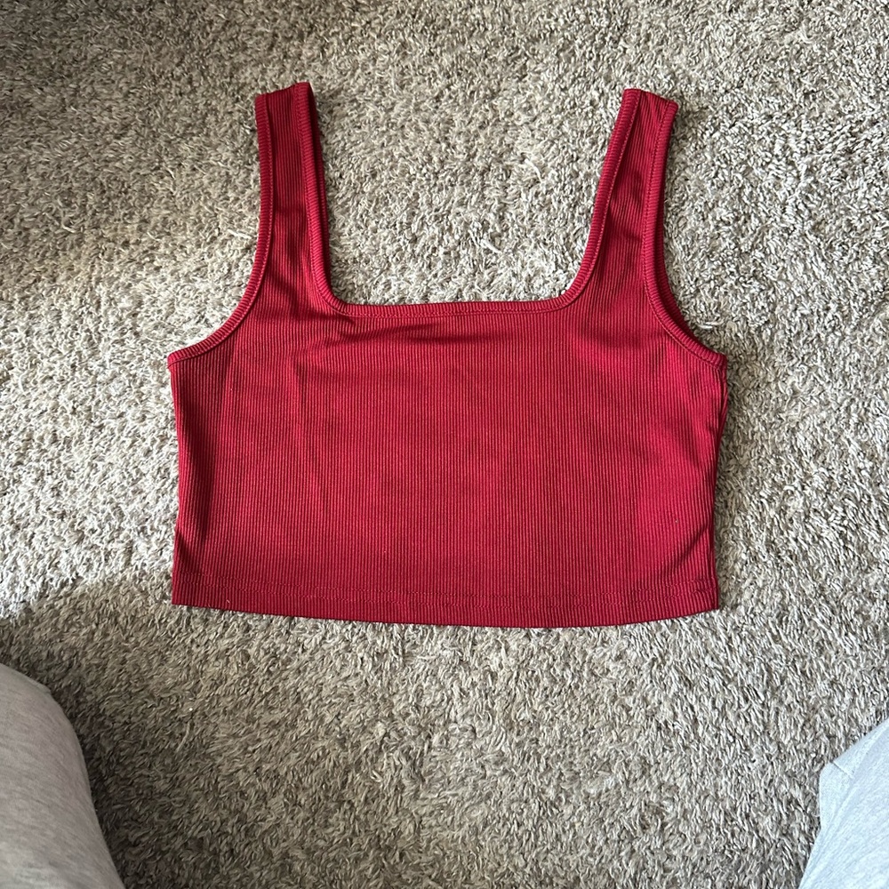 Red Ribbed Square-Neck Crop Top